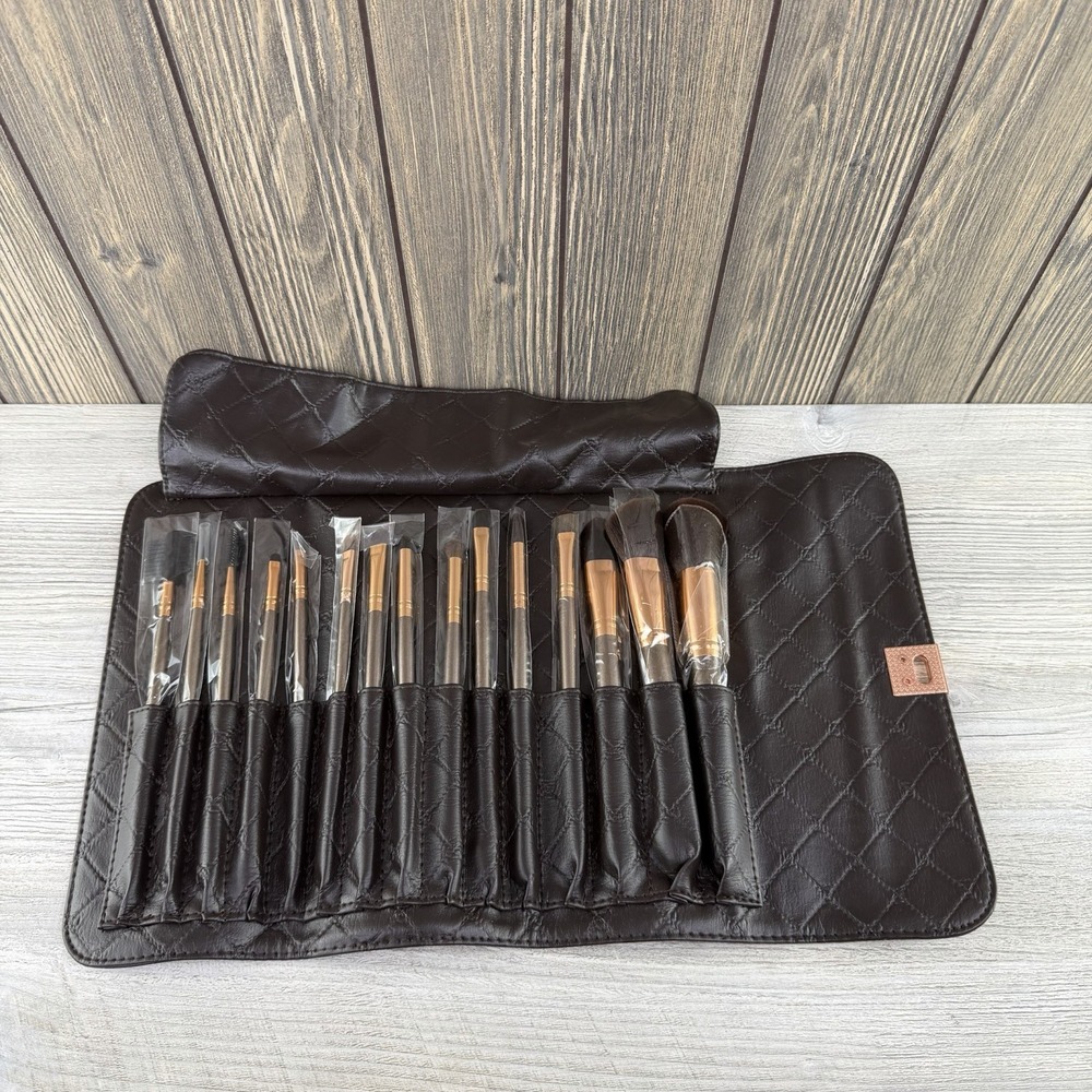 BH Cosmetics 15 Piece Makeup Brush Set w/ Brown Travel Case Rose Gold